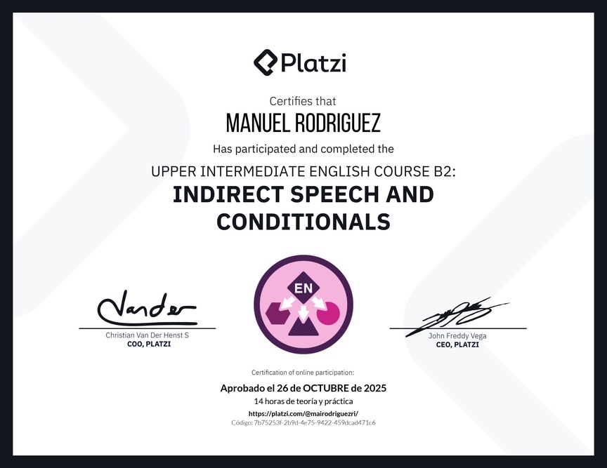 Diploma del Curso de Inglés Intermedio Alto B2: Discurso Indirecto y Condicionales