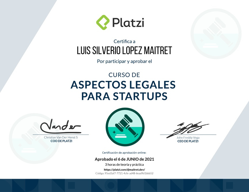 Diploma del Curso de Aspectos Legales para Startups