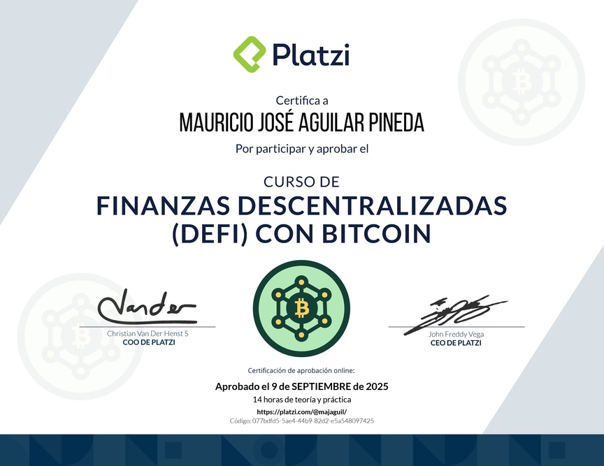 Diploma del Curso de Finanzas Descentralizadas con Bitcoin