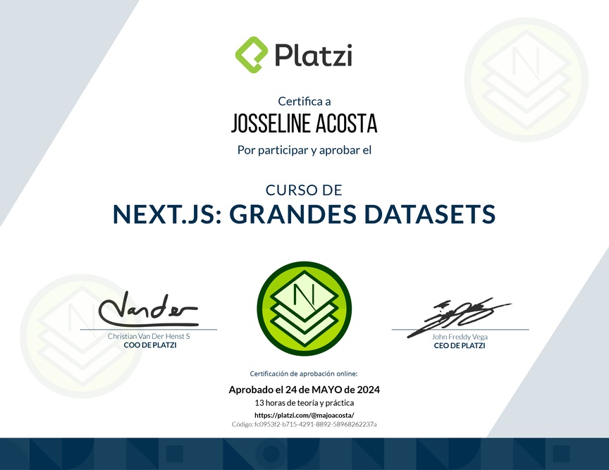 Diploma del Curso de Next.js: Optimización y Manejo de Grandes Datasets