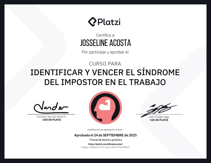 Diploma del Curso para Identificar y Vencer el Síndrome del Impostor