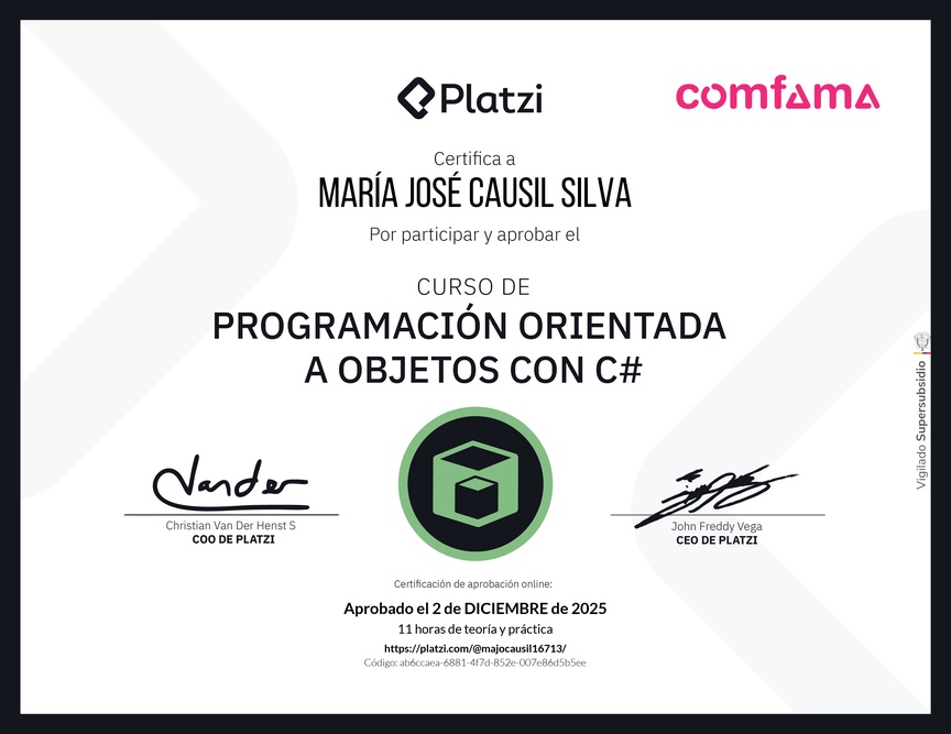 Diploma del Curso de Programación Orientada a Objetos con C#