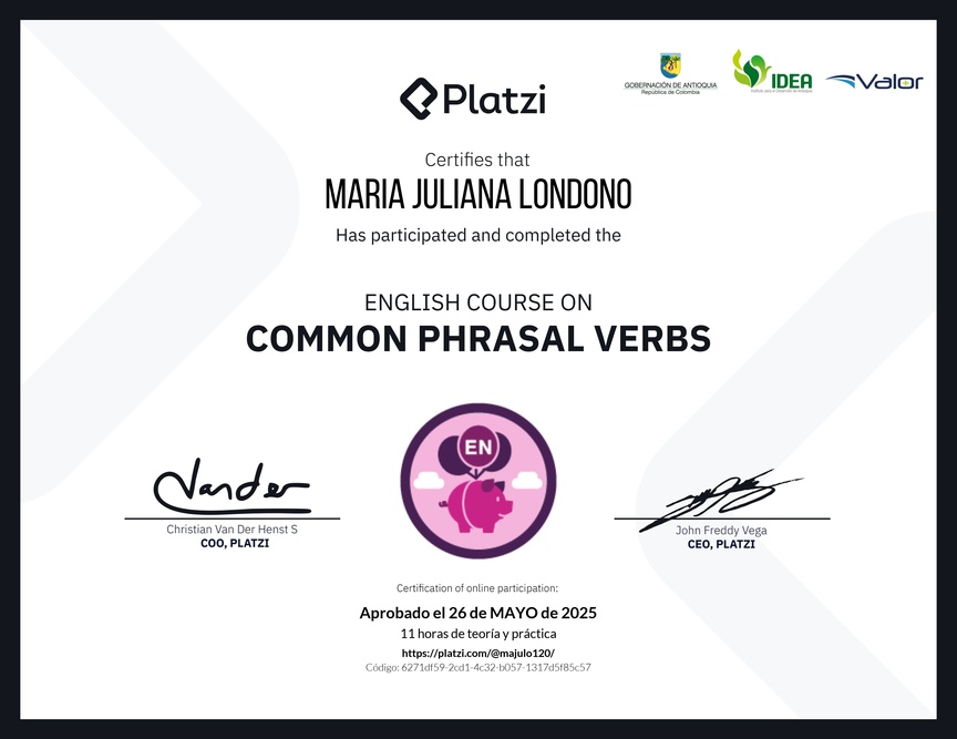 Diploma del Curso de Phrasal Verbs Comunes en Inglés