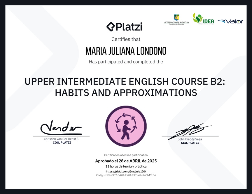 Diploma del Curso de Inglés Intermedio Alto B2: Hábitos y Aproximaciones