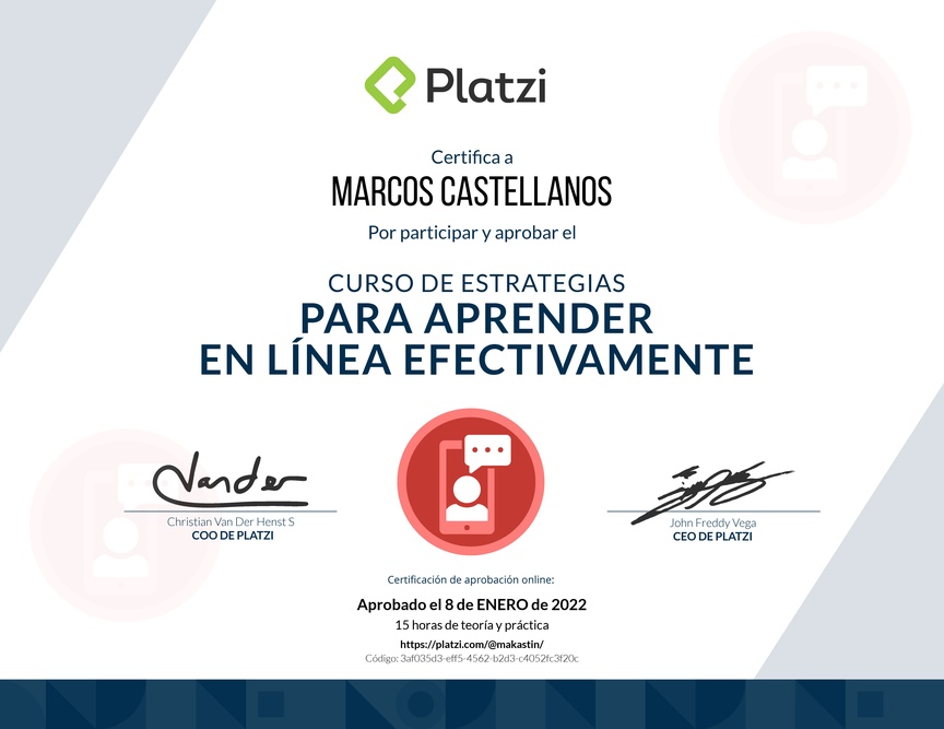 Diploma del Curso de Estrategias para Aprender en Línea Efectivamente 2019