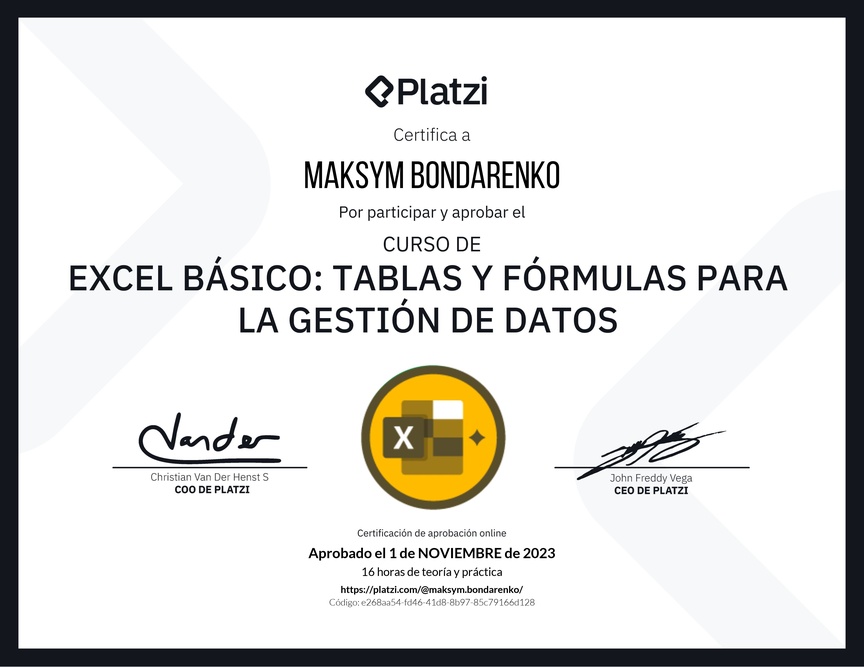 Diploma del Curso de Excel Básico: Tablas y Fórmulas para la Gestión de Datos