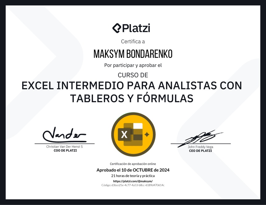 Diploma del Curso de Excel Intermedio para Analistas con Tableros y Fórmulas