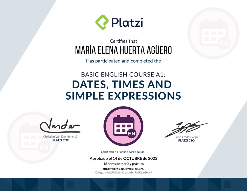 Diploma del Curso de Inglés Básico A1: Fechas, Horas y Expresiones Simples