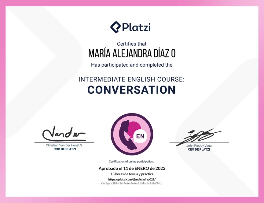 Diploma del Curso de Inglés Intermedio: Conversación 2020