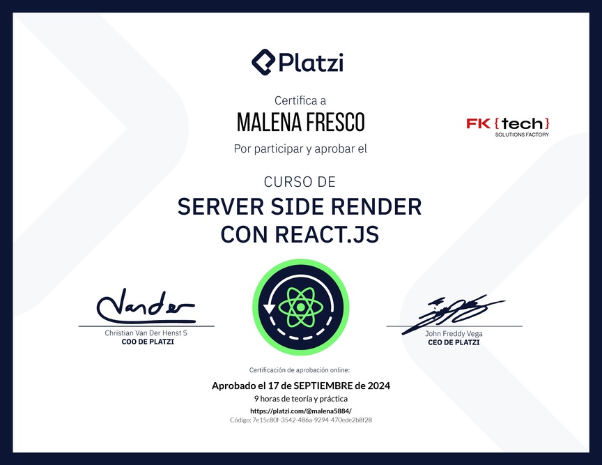 Diploma del Curso de Server Side Render o SSR con React.js