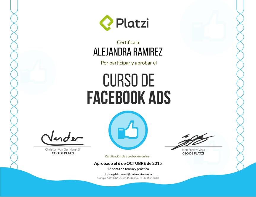 Diploma del Curso de Facebook Ads 2015