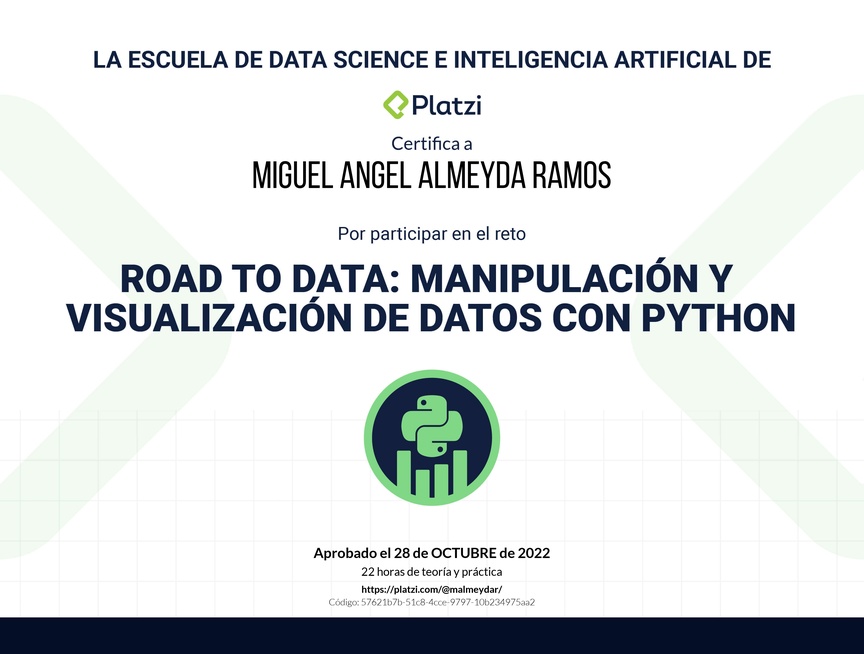 Diploma de Diploma del #PlatziReto - Road to Data: Manipulación y Visualización de Datos con Python