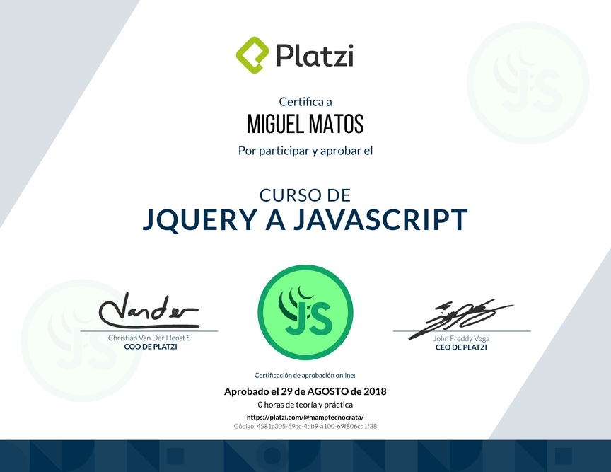 Diploma del Curso de jQuery a JavaScript 2018