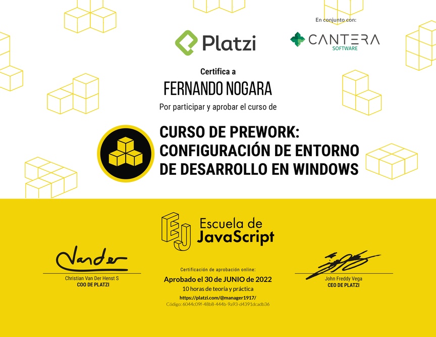 Diploma del Curso de Prework: Configuración de Entorno de Desarrollo en Windows