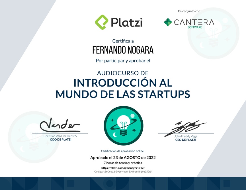 Diploma de Audiocurso de Introducción al Mundo de las Startups