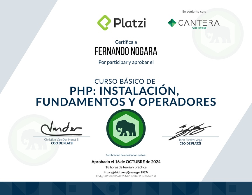 Diploma del Curso Básico de PHP: Instalación, Fundamentos y Operadores