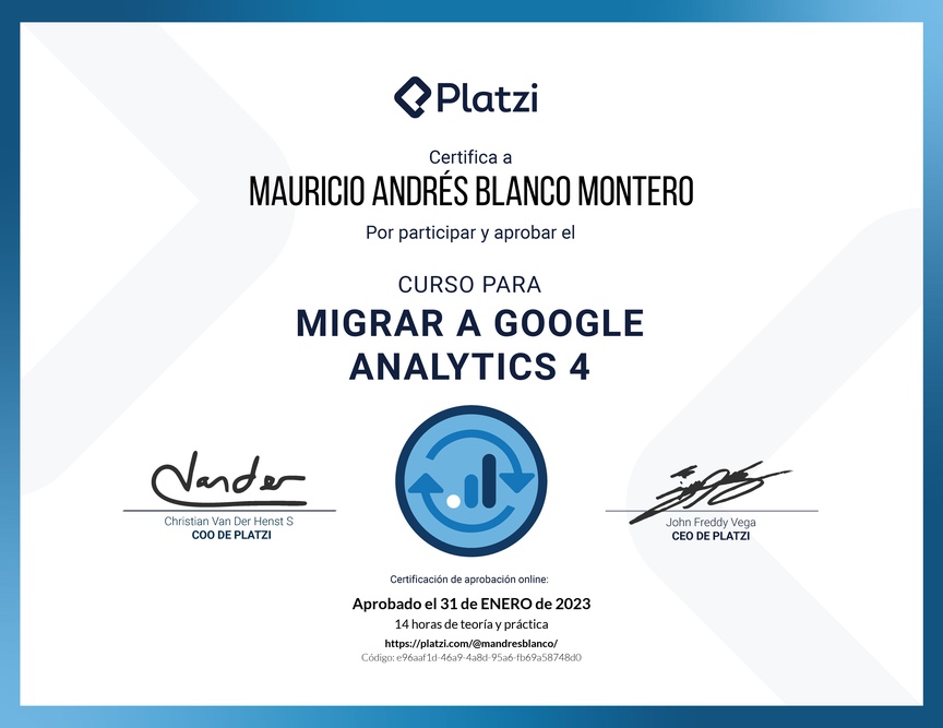 Diploma del Curso de Migración de Datos a Google Analytics 4