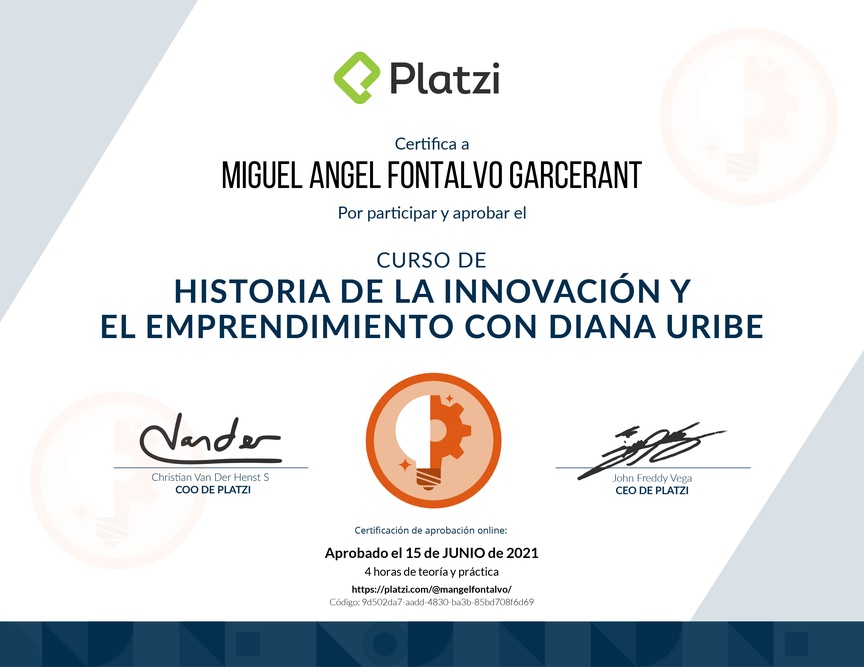 Diploma del Curso de Historia de la Innovación y el Emprendimiento con Diana Uribe