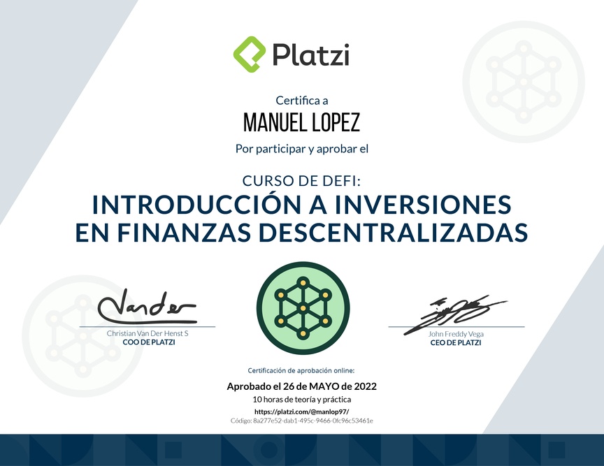 Diploma del Curso de DeFi: Introducción a Inversiones en Finanzas Descentralizadas