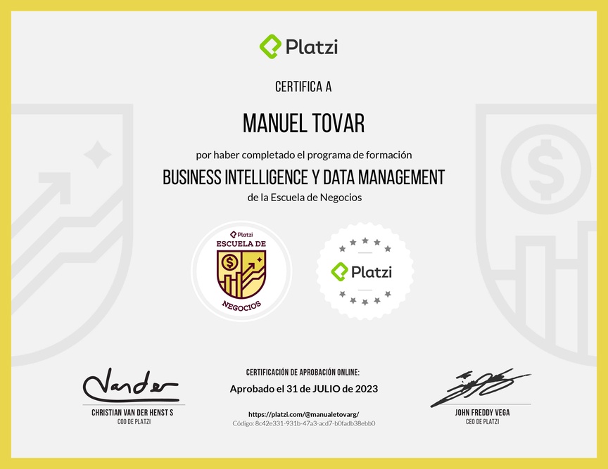 Diploma de la Ruta de Aprendizaje de Business Intelligence y Data Management
