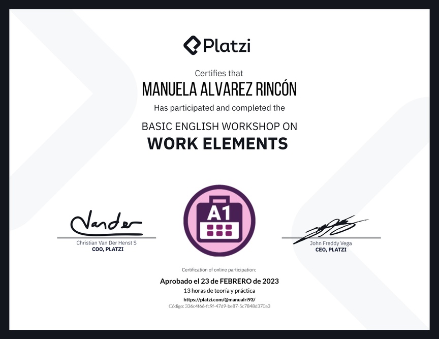 Diploma del Curso de Inglés Práctico sobre Elementos de Trabajo