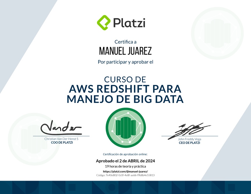 Diploma del Curso de AWS Redshift para Manejo de Big Data