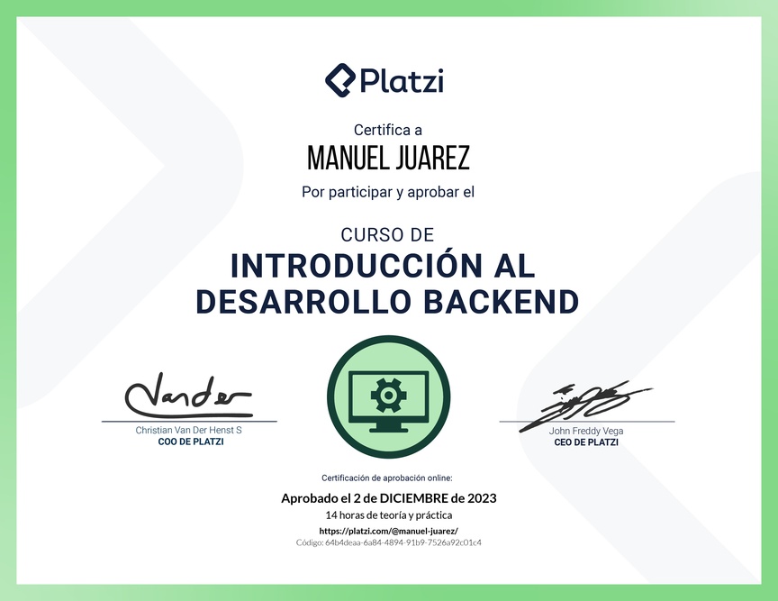 Diploma del Curso de Introducción al Desarrollo Backend
