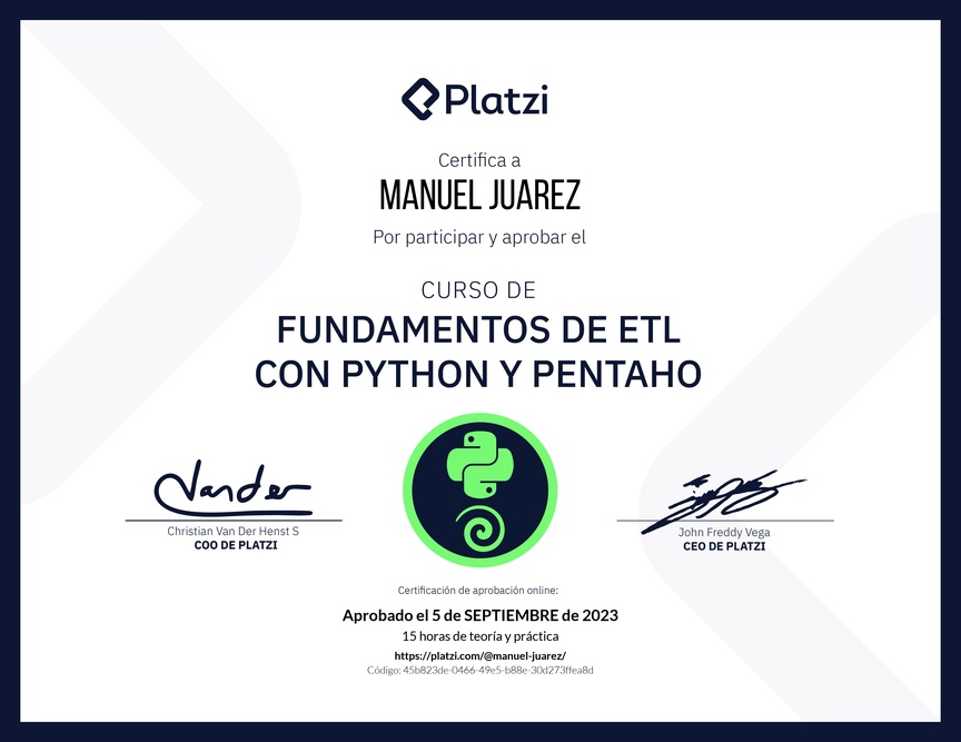 Diploma del Curso de Fundamentos de ETL con Python y Pentaho