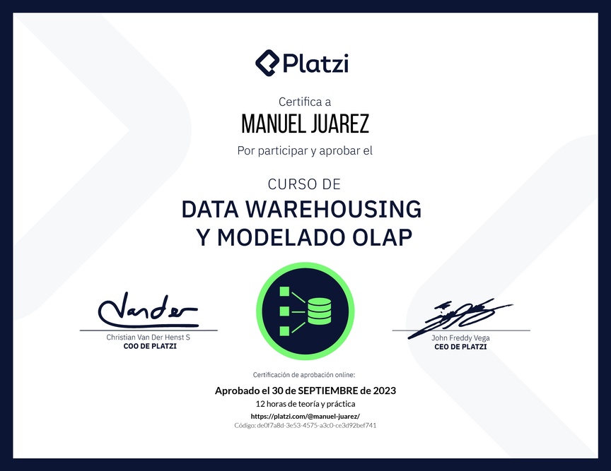 Diploma del Curso de Data Warehousing y Modelado OLAP