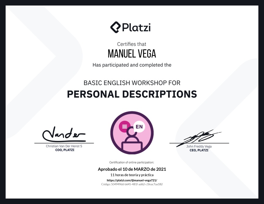 Diploma del Curso de Inglés Práctico para Descripciones Personales (2020=