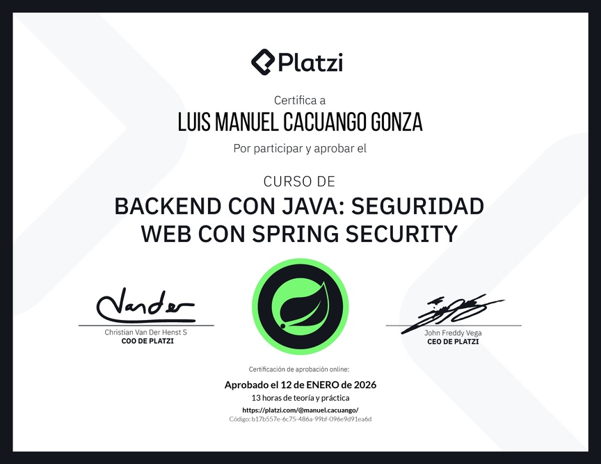 Diploma del Curso de Java Spring Security: Autenticación y Seguridad Web