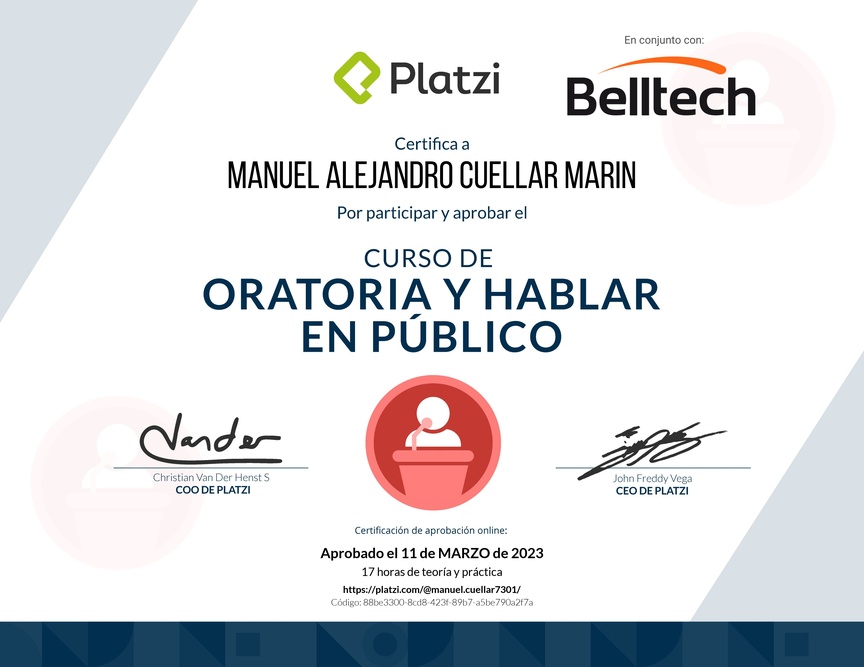 Diploma del Curso de Oratoria para Hablar en Público