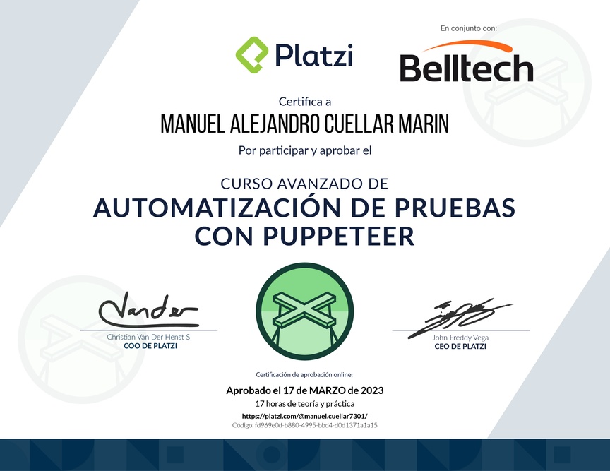 Diploma del Curso Avanzado de Automatización de Pruebas con Puppeteer