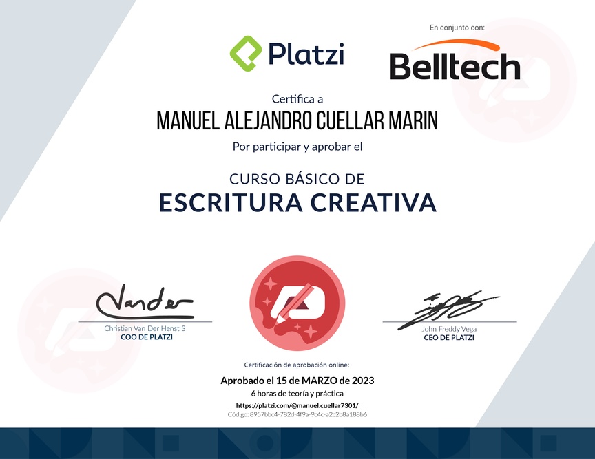 Diploma del Curso Básico de Escritura Creativa