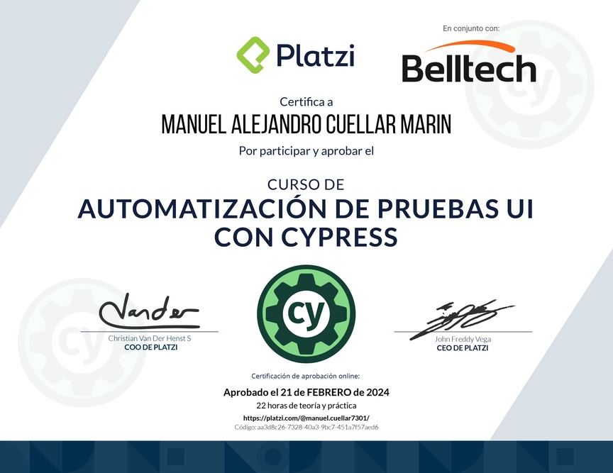 Diploma del Curso de Automatización de Pruebas UI con Cypress