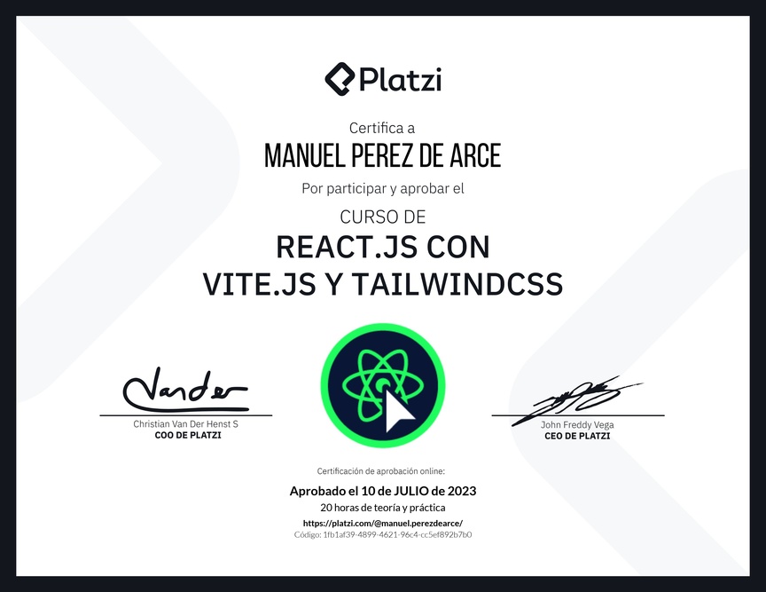 Diploma del Curso de React.js con Vite.js y TailwindCSS