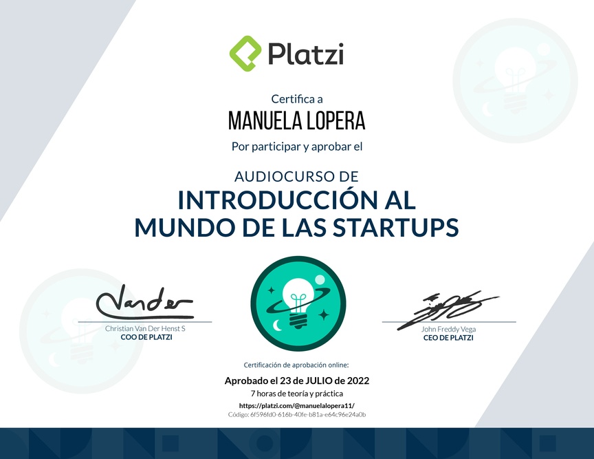 Diploma de Audiocurso de Introducción al Mundo de las Startups