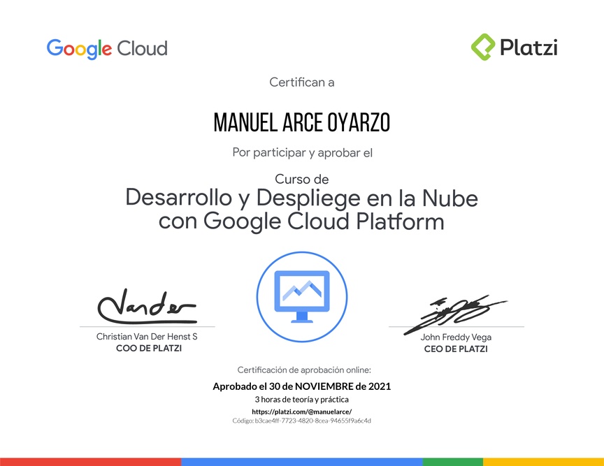 Diploma del Curso de Desarrollo y Despliegue en la Nube con Google Cloud Platform