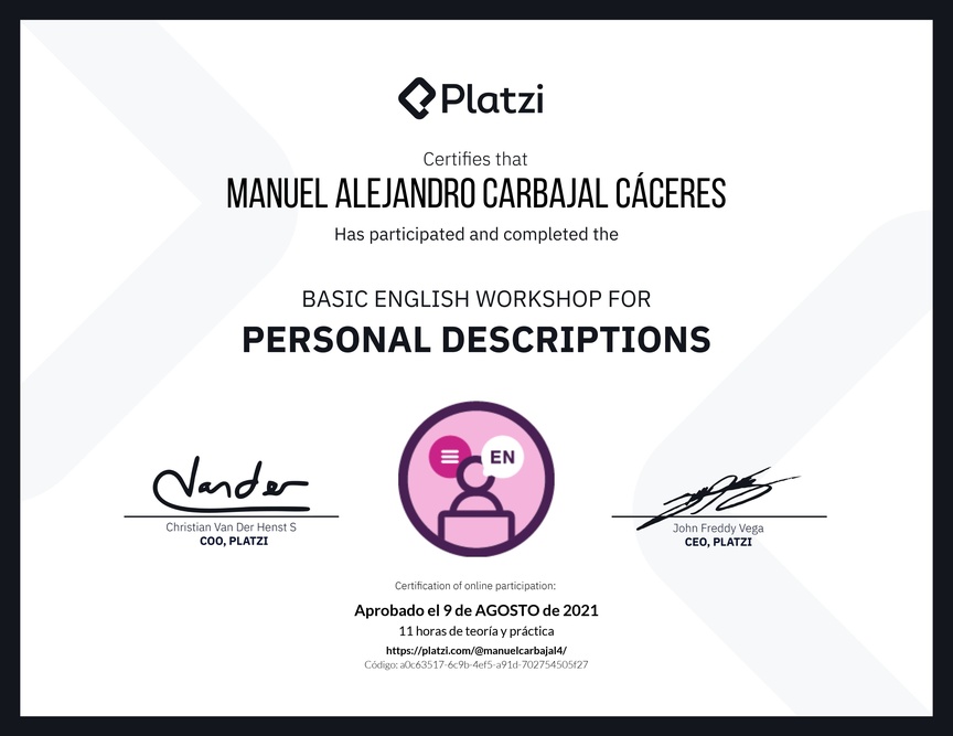 Diploma del Curso de Inglés Práctico para Descripciones Personales (2020=