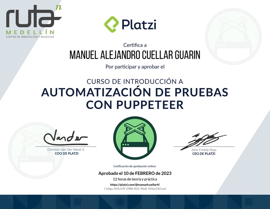 Diploma del Curso de Automatización de Pruebas con Puppeteer