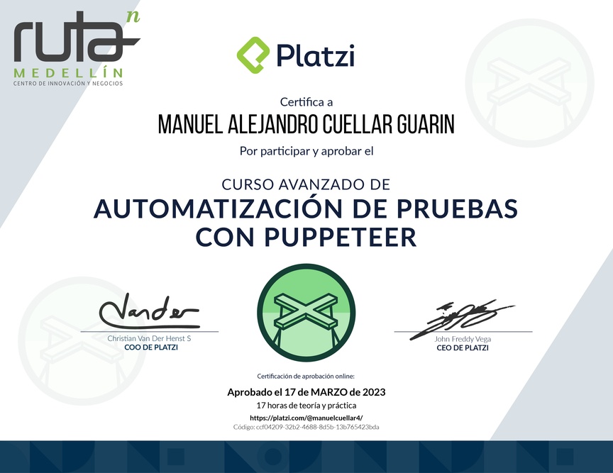 Diploma del Curso Avanzado de Automatización de Pruebas con Puppeteer