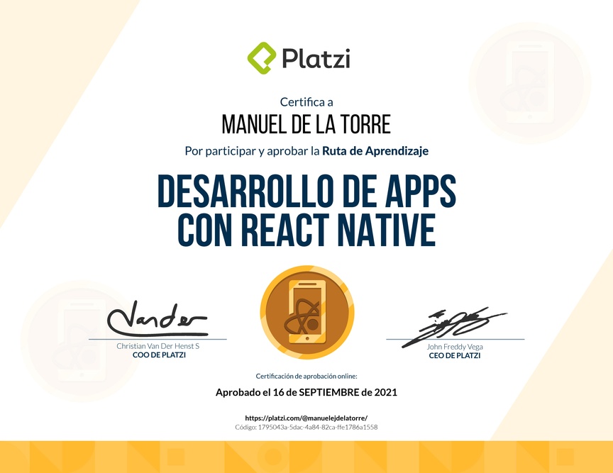 Diploma de la Ruta de Aprendizaje de Desarrollo de Apps con React Native