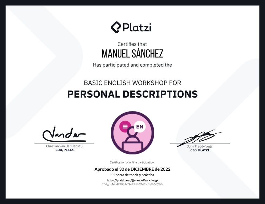 Diploma del Curso de Inglés Práctico para Descripciones Personales (2020=