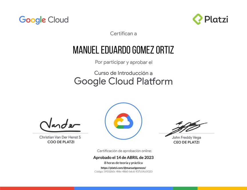 Diploma del Curso de Introducción a Google Cloud Platform