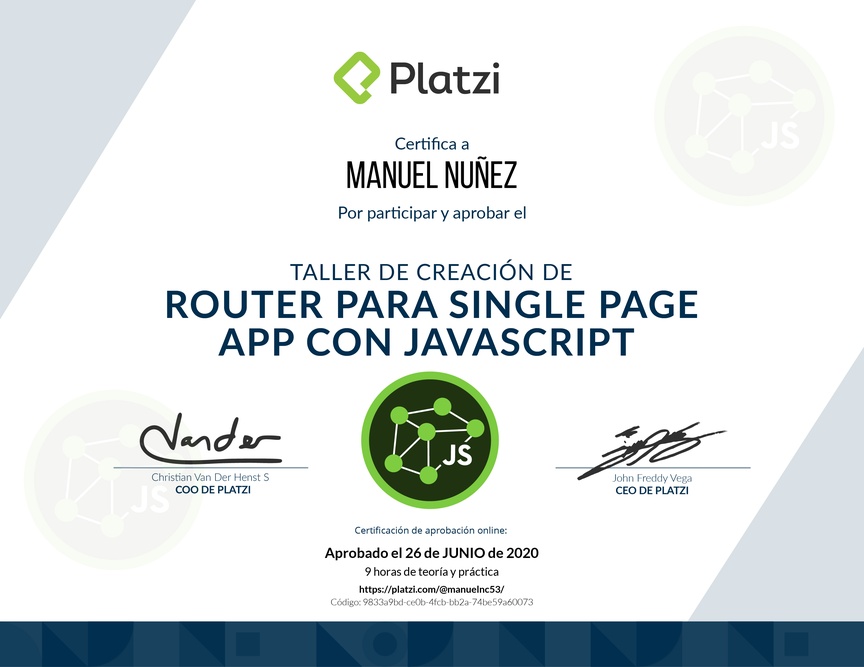 Diploma de Taller de Creación de Router para Single Page App con JavaScript