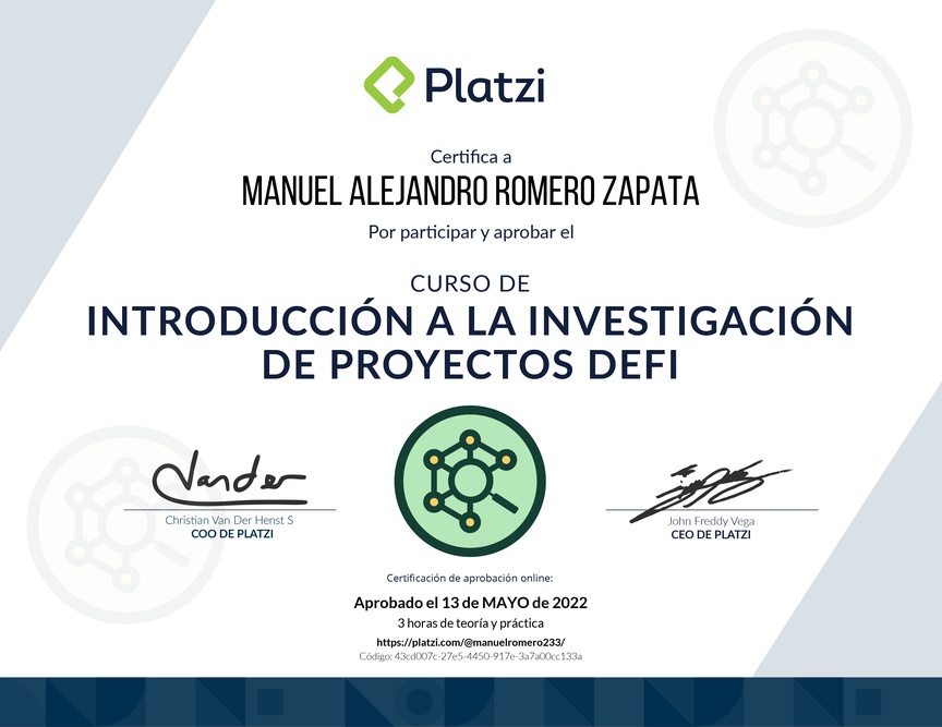 Diploma de Minicurso de Introducción a la Investigación de Proyectos DeFi