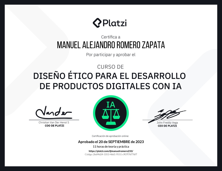 Diploma del Curso de Diseño Ético para el Desarrollo de Productos Digitales con IA