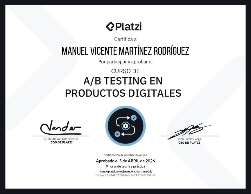 Diploma del Curso de A/B Testing en Productos Digitales