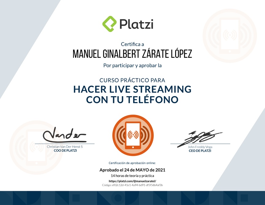 Diploma del Curso para Transmitir en vivo con tu Teléfono