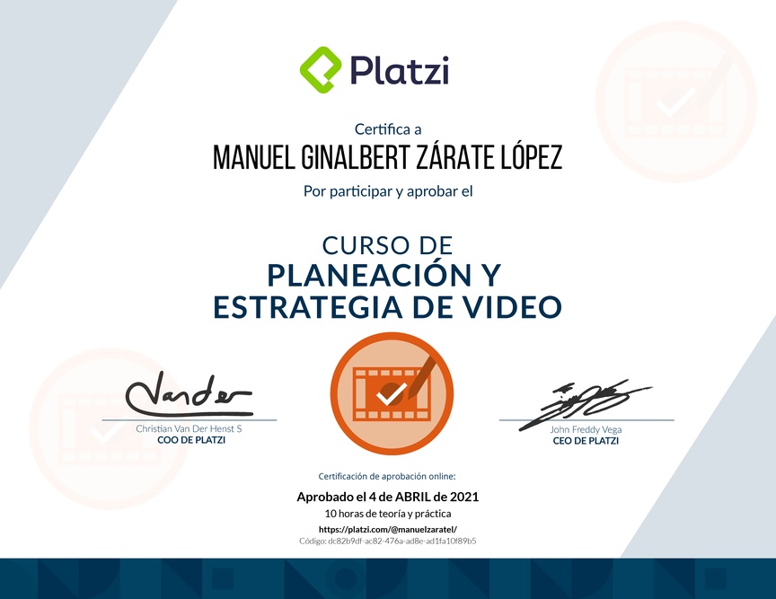 Diploma del Curso de Planeación y Estrategia de Video